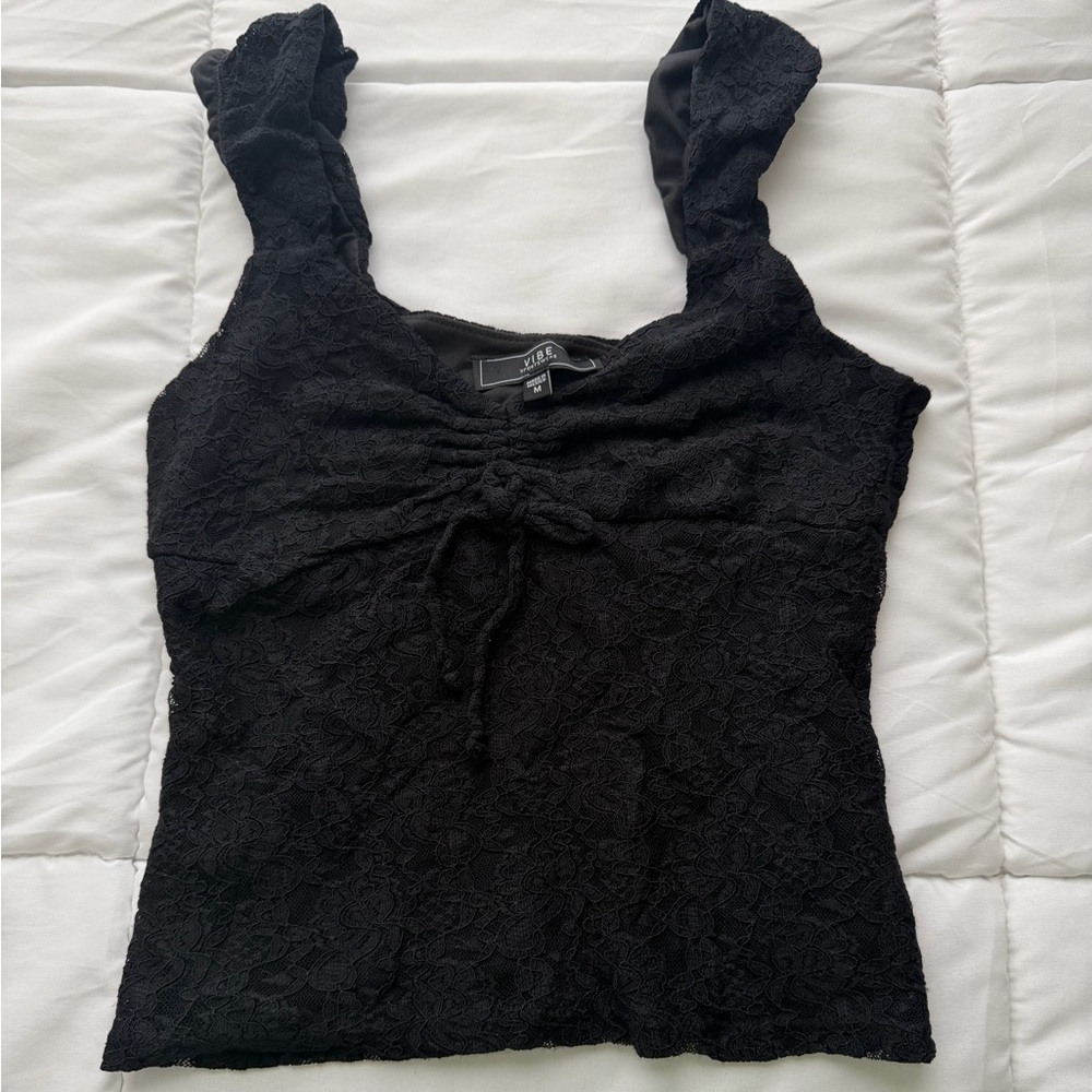 Y2K Lace Babydoll Top Black Fairy Grunge Whimsigoth Ruched Size Medium 2000s